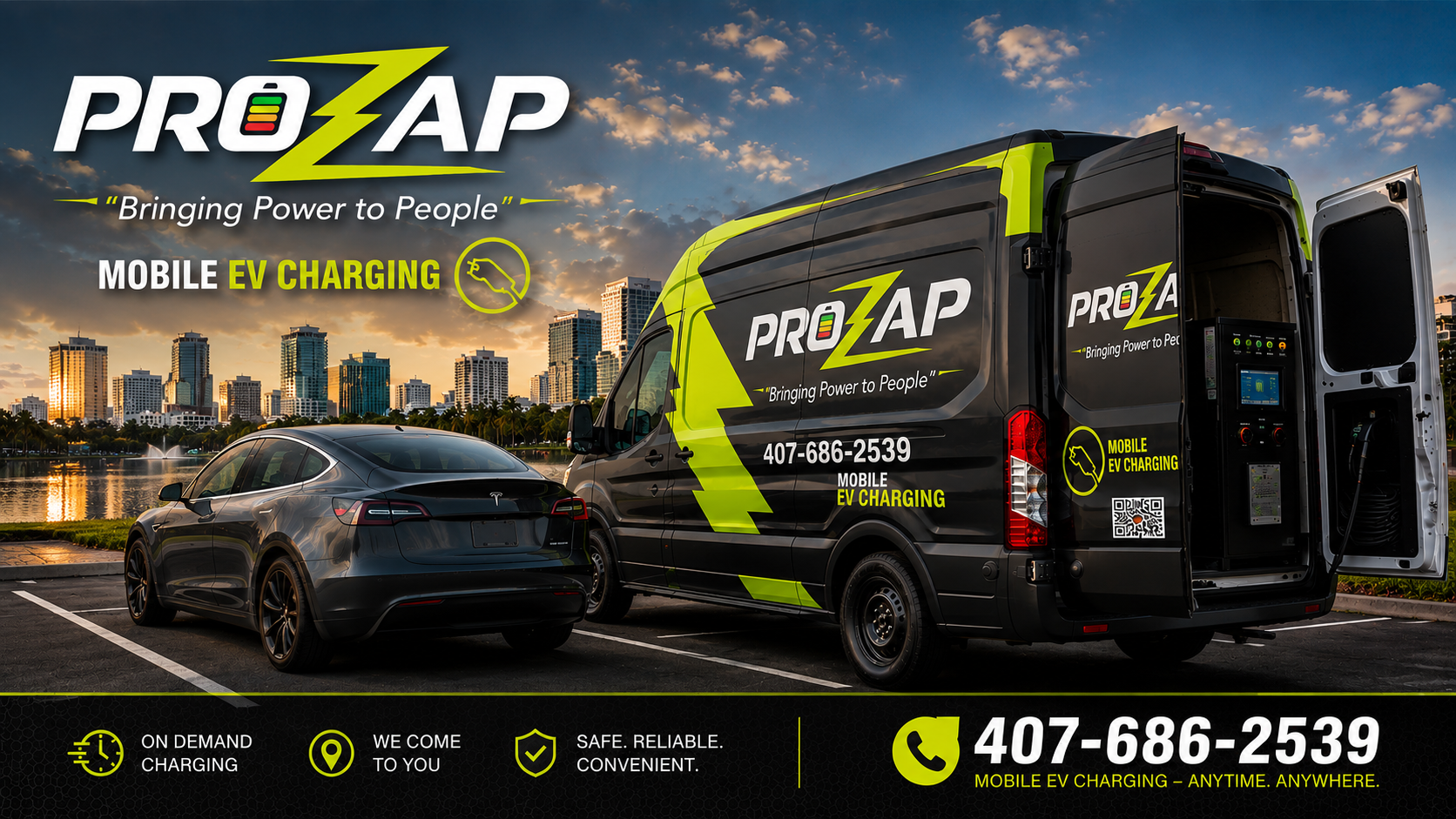 ProZap mobile EV charging van serving a Tesla in Central Florida